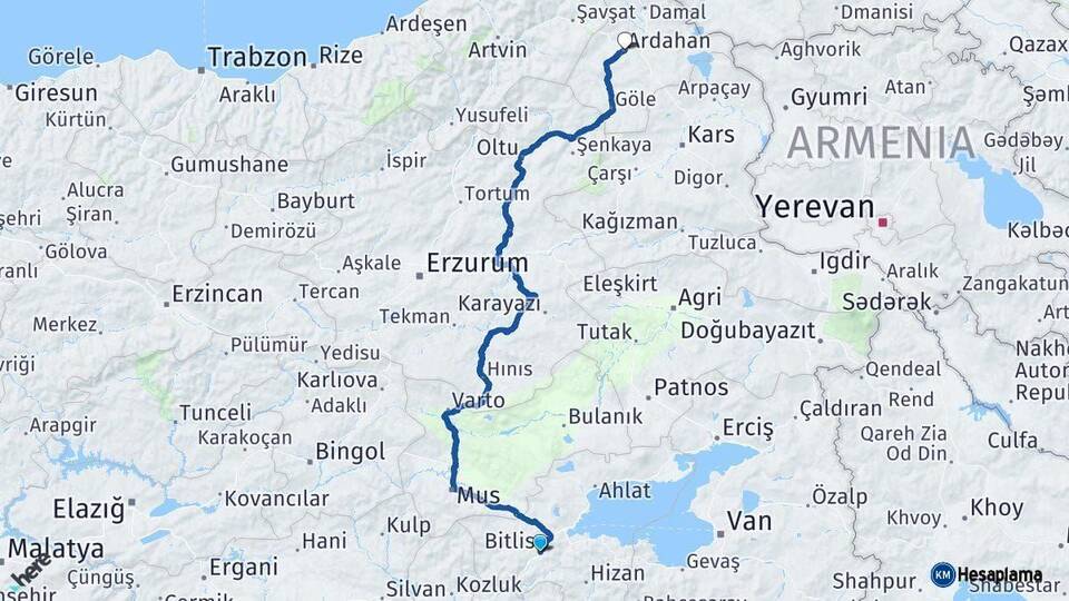 Bitlis Ardahan Arası Kaç Km - Yol Haritası