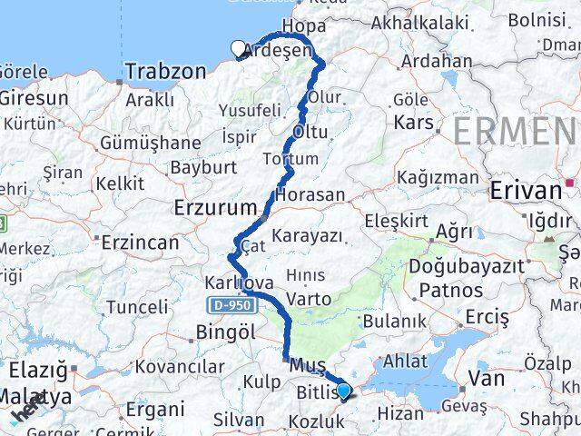 Bitlis Ardeşen Rize Arası Kaç Km - Yol Haritası