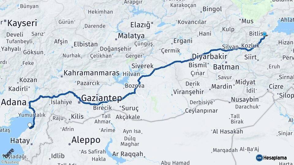 Bitlis Arsuz Hatay Arası Kaç Km - Yol Haritası