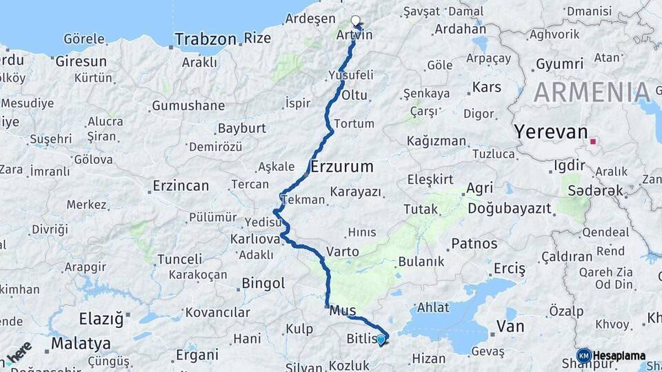 Bitlis Artvin Arası Kaç Km - Yol Haritası