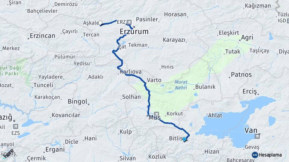 Bitlis Aşkale Erzurum Arası Kaç Km - Yol Haritası