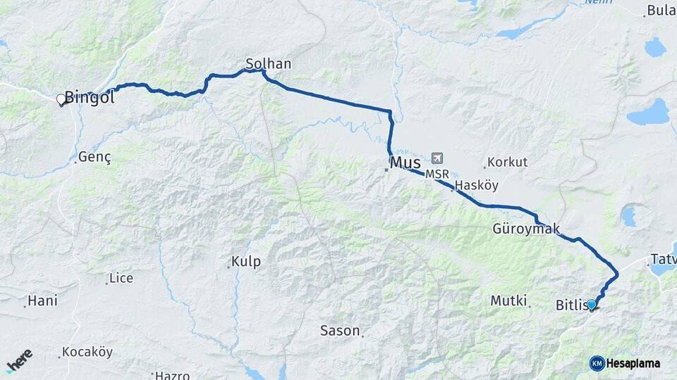 Bitlis Bingöl Arası Kaç Km - Yol Haritası