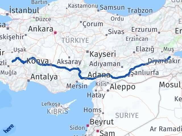 Bitlis Çal Denizli Arası Kaç Km - Yol Haritası
