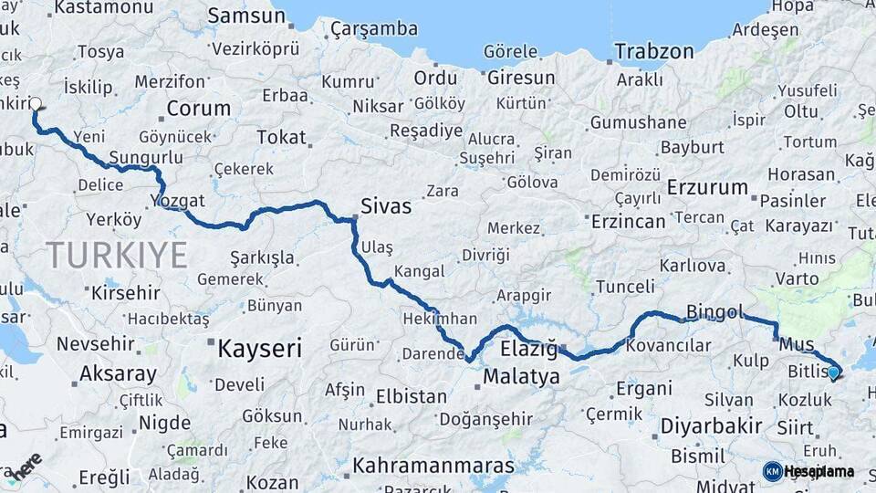 Bitlis Çankırı Arası Kaç Km - Yol Haritası
