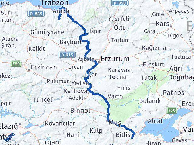 Bitlis Çaykara Trabzon Arası Kaç Km - Yol Haritası