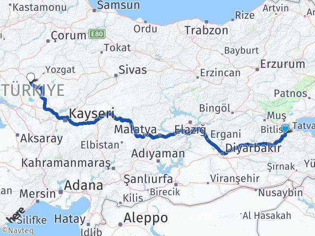 Bitlis Çiçekdağı Kırşehir Arası Kaç Km - Yol Haritası