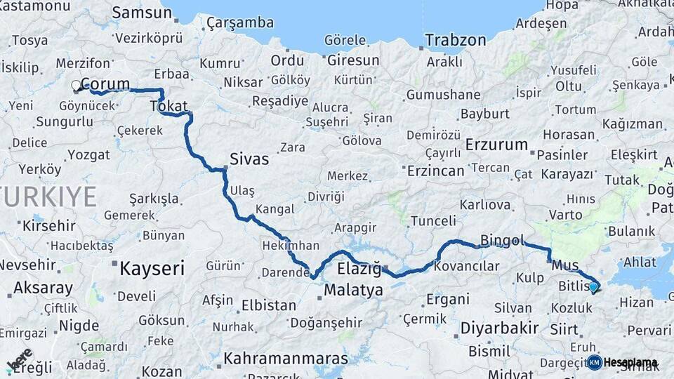 Bitlis Çorum Arası Kaç Km - Yol Haritası