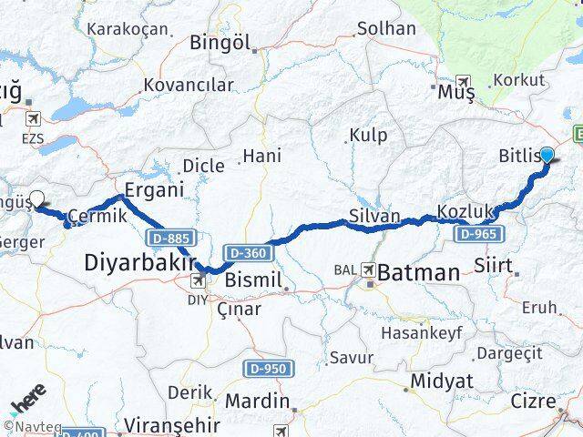 Bitlis Çüngüş Diyarbakır Arası Kaç Km - Yol Haritası