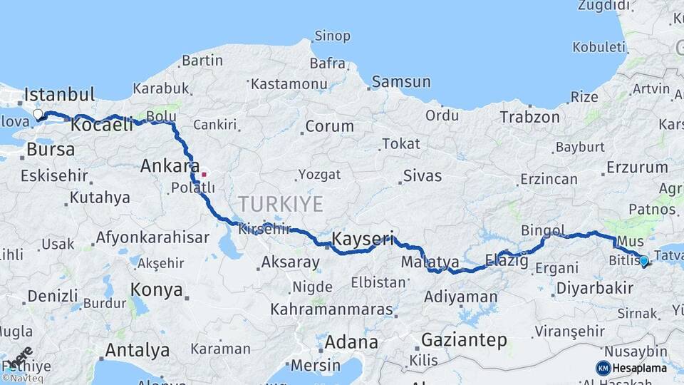 Bitlis Darıca Kocaeli Arası Kaç Km - Yol Haritası