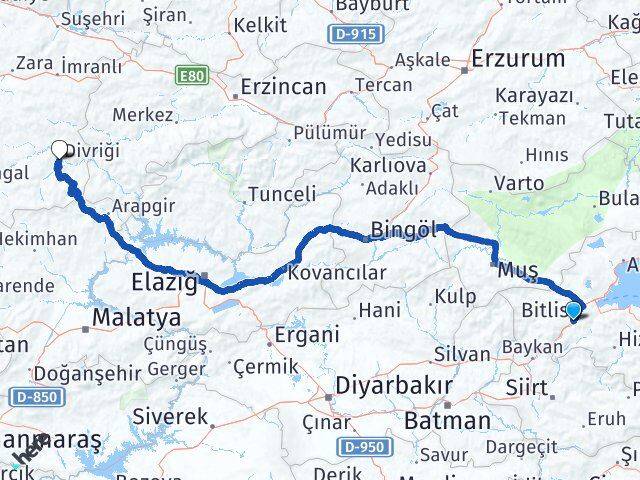Bitlis Divriği Sivas Arası Kaç Km - Yol Haritası
