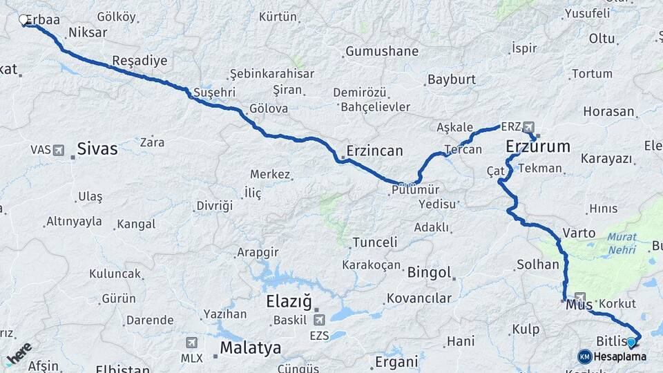 Bitlis Erbaa Tokat Arası Kaç Km - Yol Haritası