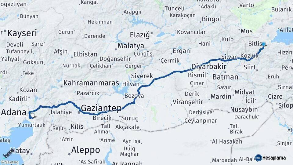 Bitlis Erzin Hatay Arası Kaç Km - Yol Haritası