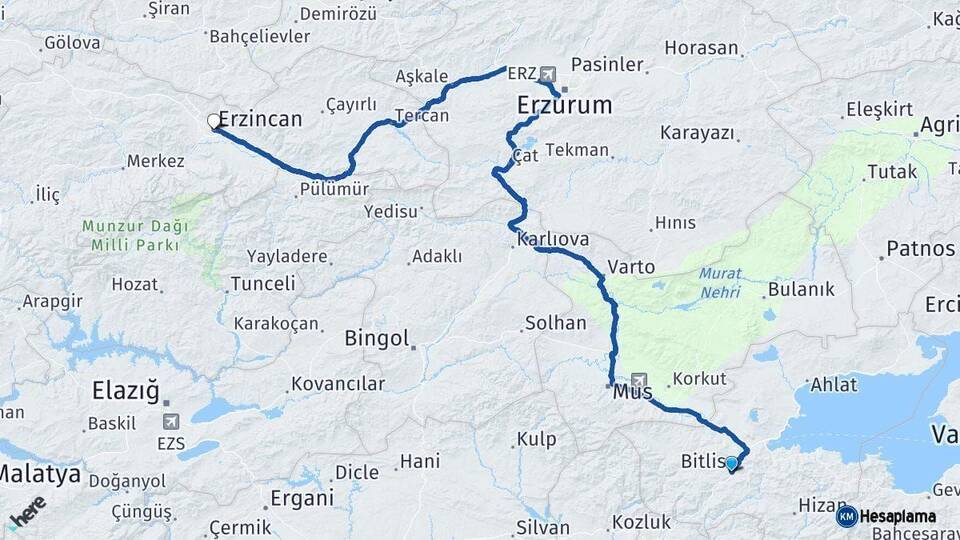 Bitlis Erzincan Arası Kaç Km - Yol Haritası