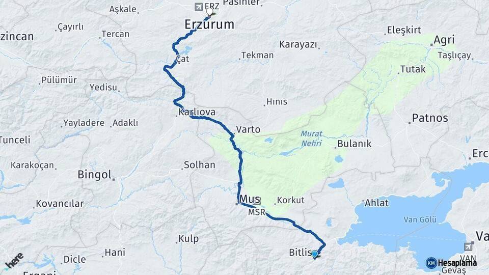 Bitlis Erzurum Arası Kaç Km - Yol Haritası