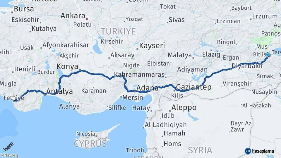 Bitlis Fethiye Muğla Arası Kaç Km - Yol Haritası