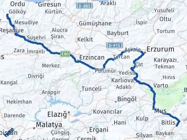 Bitlis Gölköy Ordu Arası Kaç Km - Yol Haritası