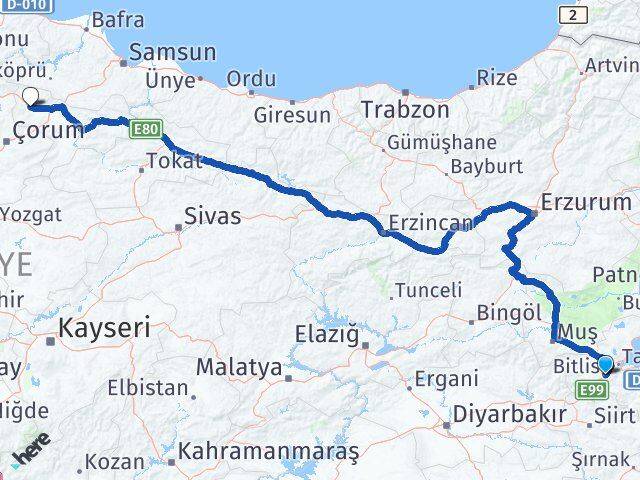 Bitlis Gümüşhacıköy Amasya Arası Kaç Km - Yol Haritası