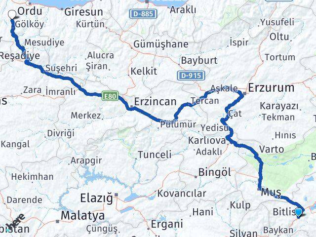 Bitlis Gürgentepe Ordu Arası Kaç Km - Yol Haritası