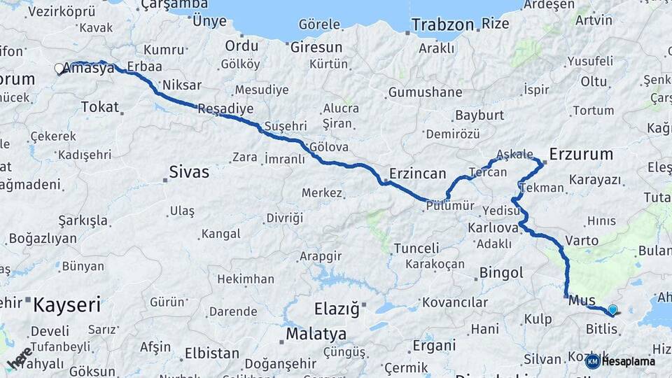 Bitlis Güroymak Amasya Arası Kaç Km - Yol Haritası