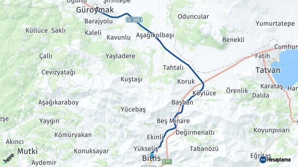 Bitlis Güroymak Arası Kaç Km - Yol Haritası