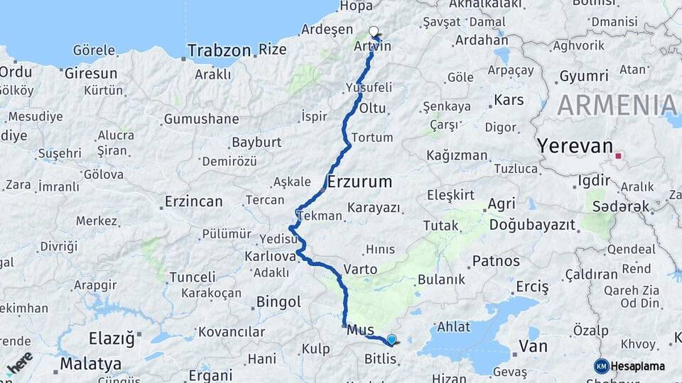 Bitlis Güroymak Artvin Arası Kaç Km - Yol Haritası