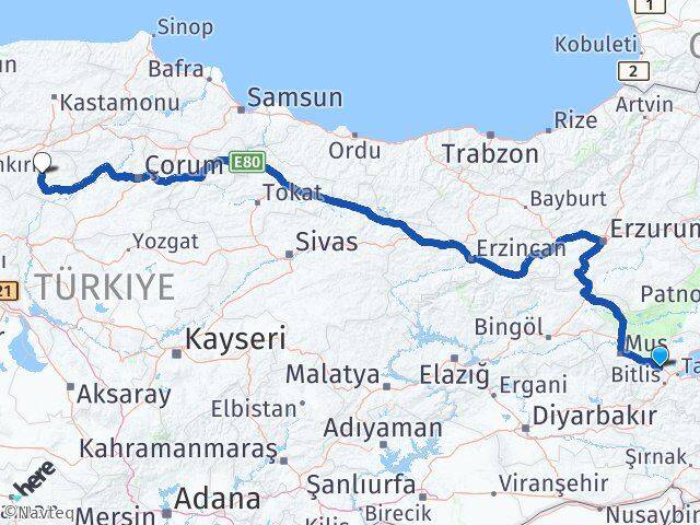Bitlis Güroymak Çankırı Arası Kaç Km - Yol Haritası