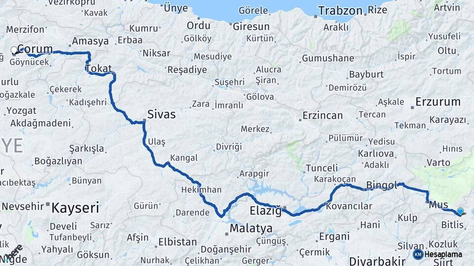Bitlis Güroymak Çorum Arası Kaç Km - Yol Haritası