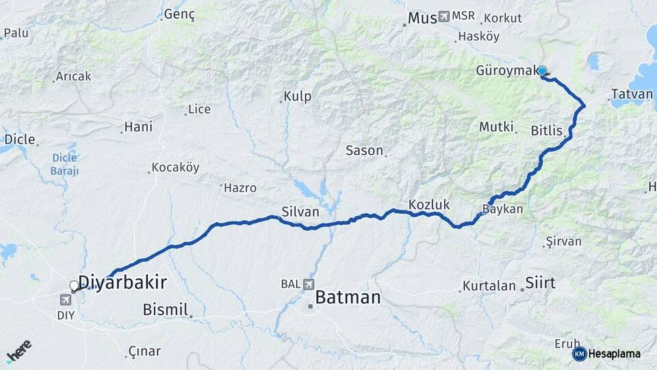 Bitlis Güroymak Diyarbakır Arası Kaç Km - Yol Haritası