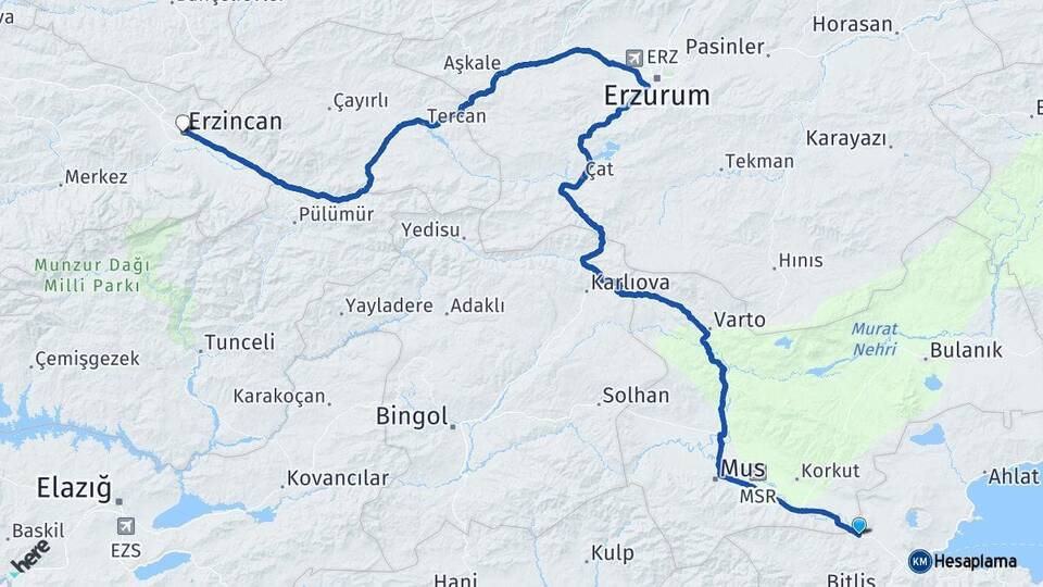 Bitlis Güroymak Erzincan Arası Kaç Km - Yol Haritası
