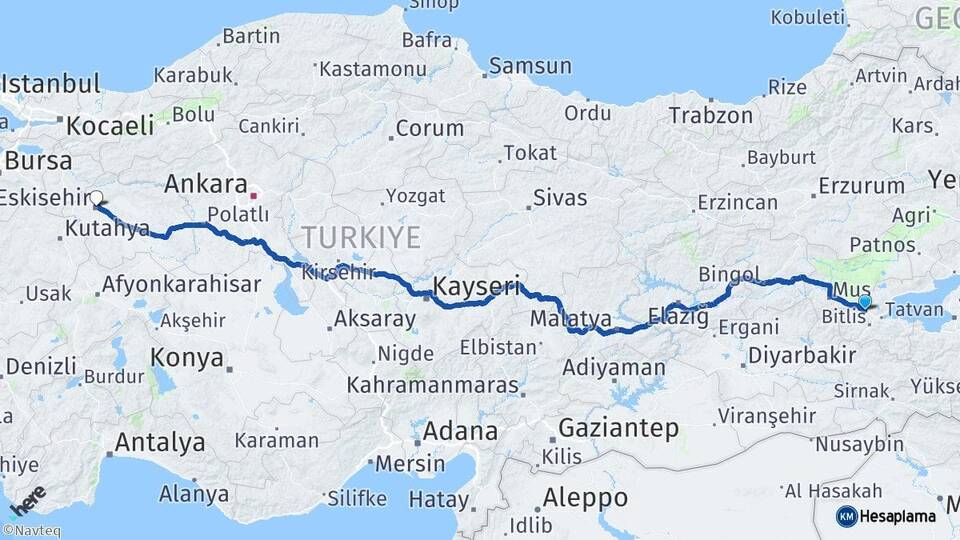 Bitlis Güroymak Eskişehir Arası Kaç Km - Yol Haritası