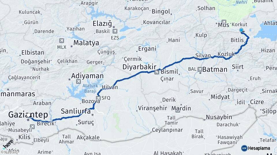 Bitlis Güroymak Gaziantep Arası Kaç Km - Yol Haritası