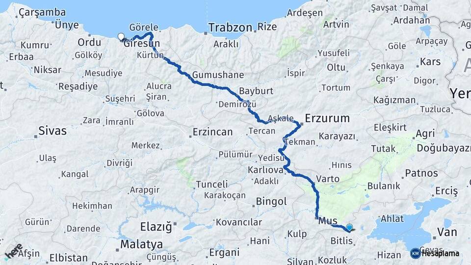 Bitlis Güroymak Giresun Arası Kaç Km - Yol Haritası