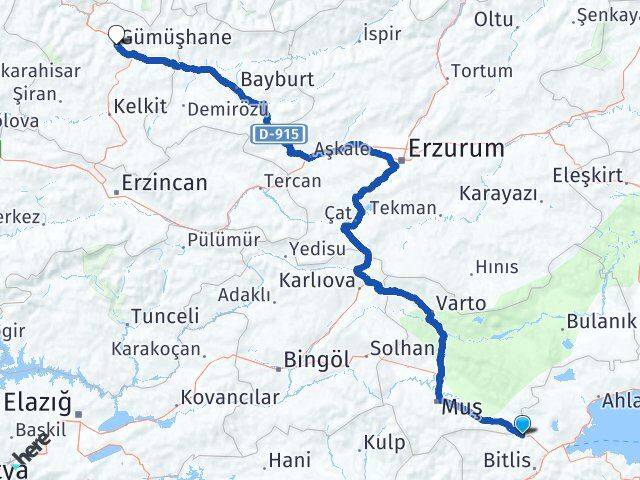 Bitlis Güroymak Gümüşhane Arası Kaç Km - Yol Haritası