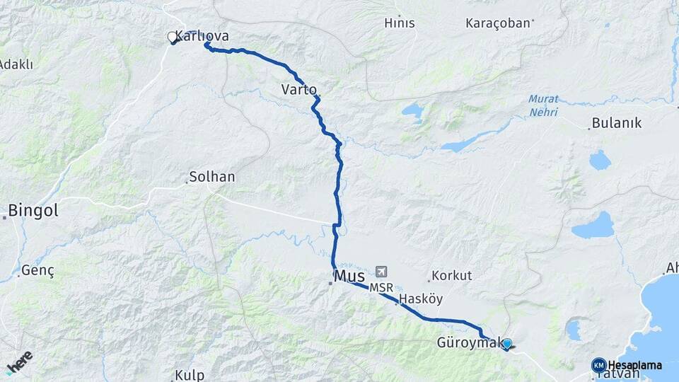 Bitlis Güroymak Karlıova Bingöl Arası Kaç Km - Yol Haritası