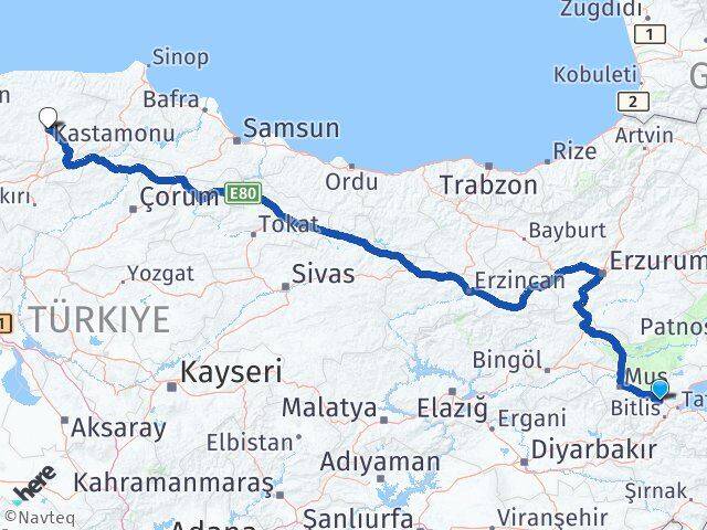Bitlis Güroymak Kastamonu Arası Kaç Km - Yol Haritası