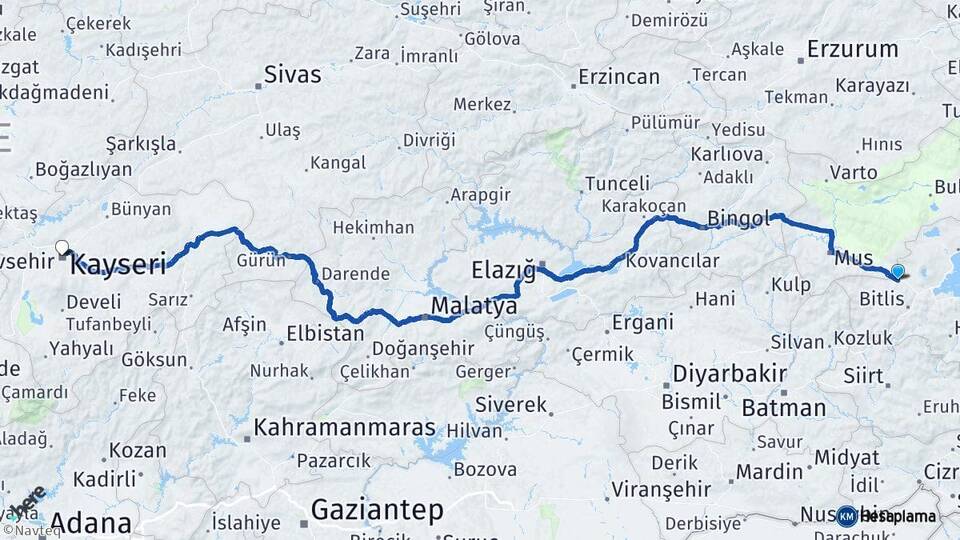 Bitlis Güroymak Kayseri Arası Kaç Km - Yol Haritası
