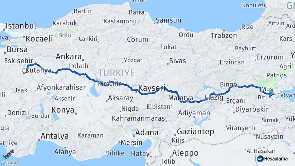 Bitlis Güroymak Kütahya Arası Kaç Km - Yol Haritası