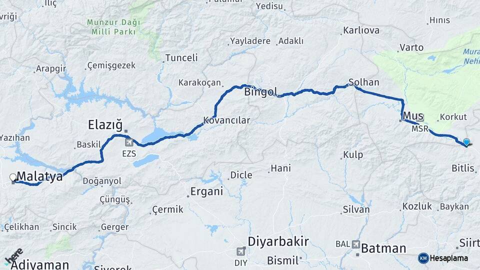 Bitlis Güroymak Malatya Arası Kaç Km - Yol Haritası