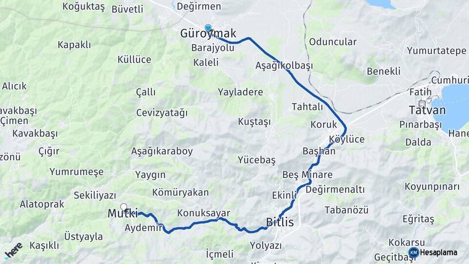 Bitlis Güroymak Mutki Arası Kaç Km - Yol Haritası