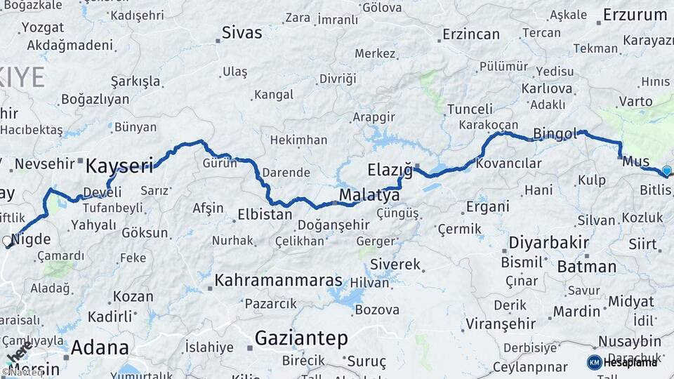 Bitlis Güroymak Niğde Arası Kaç Km - Yol Haritası