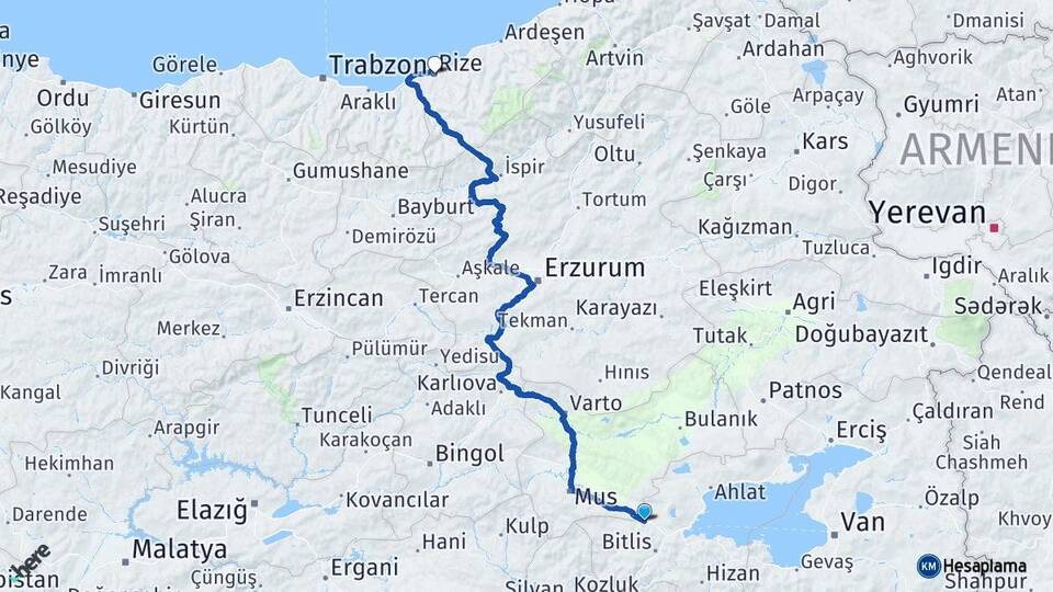Bitlis Güroymak Rize Arası Kaç Km - Yol Haritası