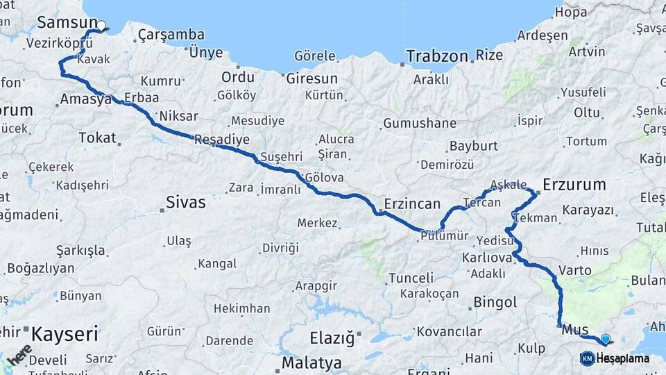 Bitlis Güroymak Samsun Arası Kaç Km - Yol Haritası