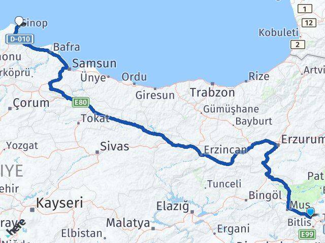 Bitlis Güroymak Sinop Arası Kaç Km - Yol Haritası