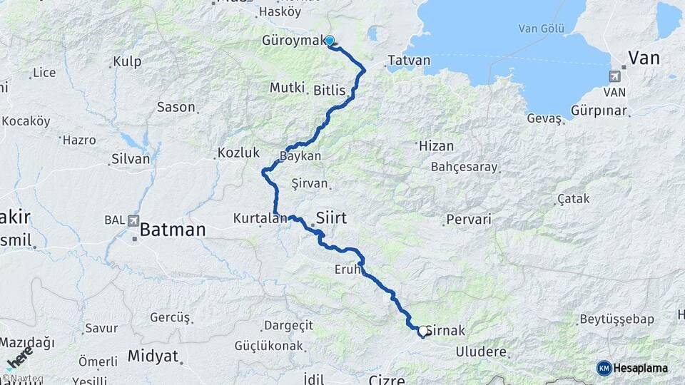 Bitlis Güroymak Şırnak Arası Kaç Km - Yol Haritası
