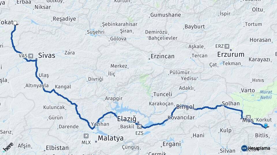 Bitlis Güroymak Tokat Arası Kaç Km - Yol Haritası