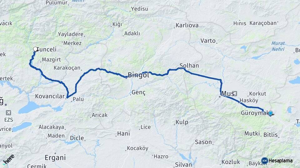 Bitlis Güroymak Tunceli Arası Kaç Km - Yol Haritası
