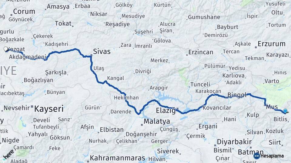 Bitlis Güroymak Yozgat Arası Kaç Km - Yol Haritası