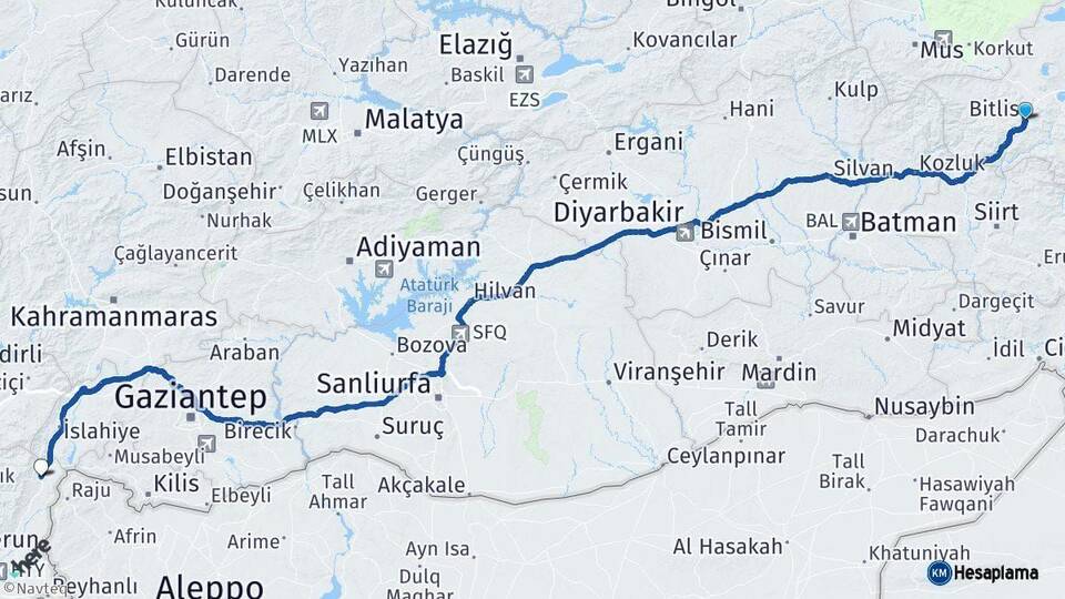 Bitlis Hassa Hatay Arası Kaç Km - Yol Haritası