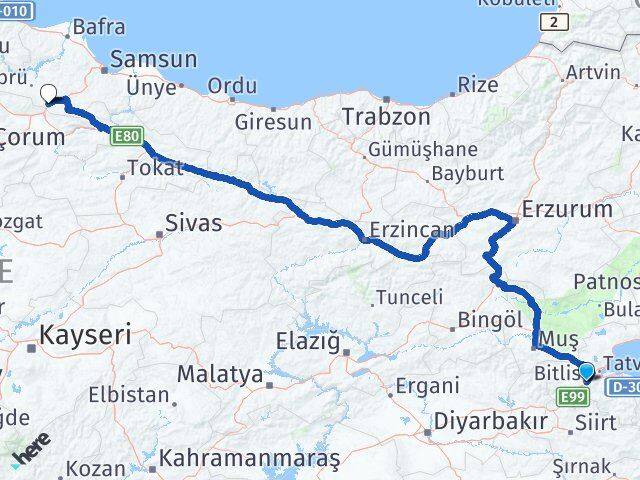 Bitlis Havza Samsun Arası Kaç Km - Yol Haritası