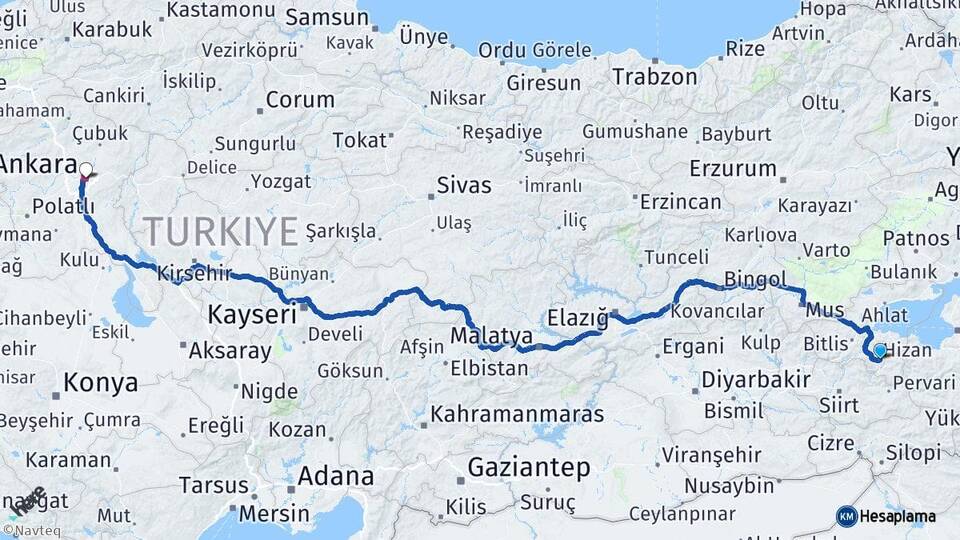Bitlis Hizan Ankara Arası Kaç Km - Yol Haritası